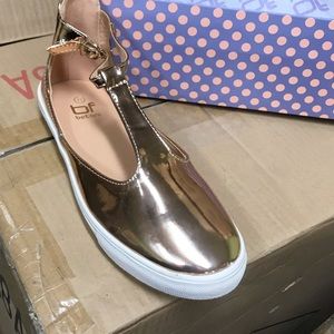 Super Cute Mary Jane Style Metallic Fashion Sneakers, Size 5.5, Metallic Gold